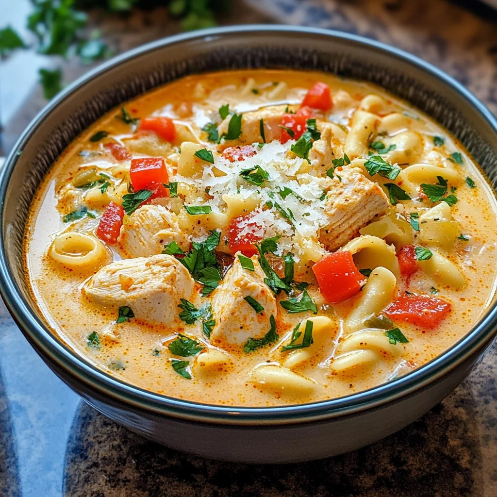 Creamy Parmesan Cajun Chicken Pasta Soup