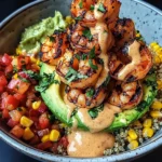 Grilled Shrimp Bowl with Avocado, Corn Salsa & Creamy Sauce