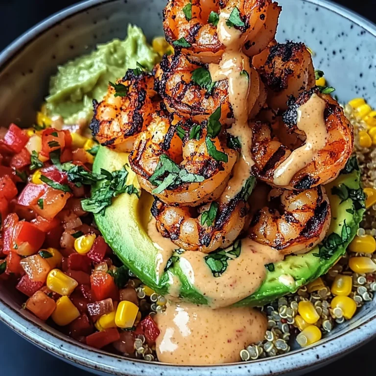 Grilled Shrimp Bowl with Avocado, Corn Salsa & Creamy Sauce