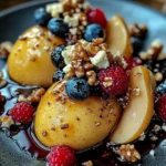 Baked Pears with Berries, Honey, Walnuts & Blue Cheese