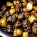 crockpot garlic butter beef bites with potatoes